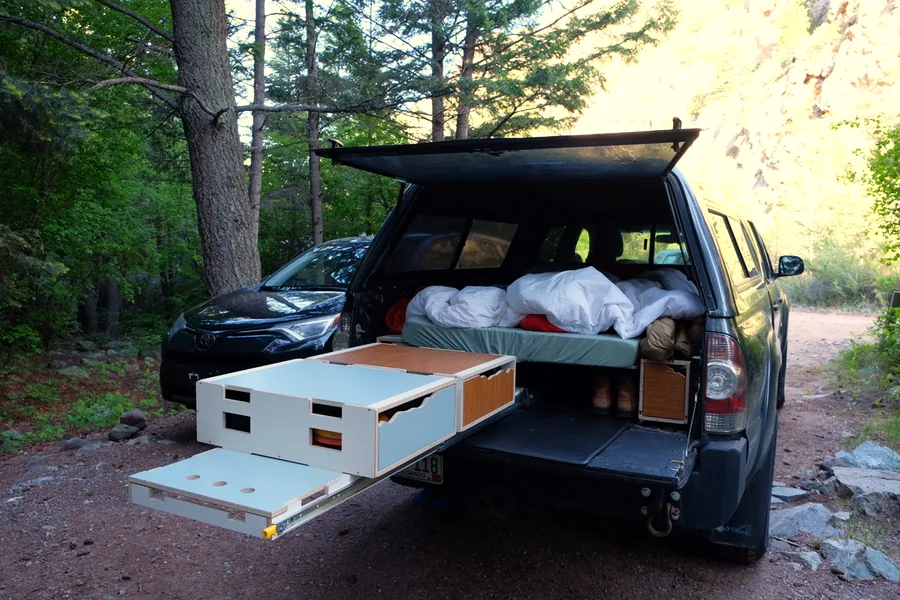 A truck camper slide-out countertop in the field